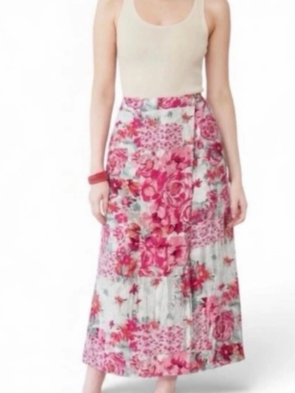 Haute Hippie Linen Floral Patchwork Midi Skirt Pink White Size Large